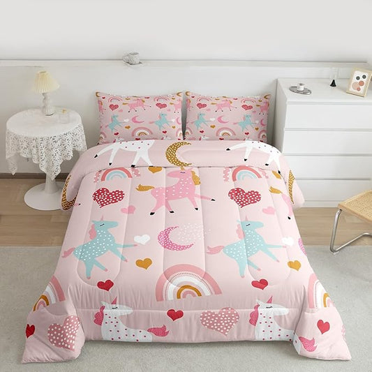 Feelyou Girls Unicorn Comforter Set Toddler Size Kids Cute Pink Rainbow Horse Decor Comforter for Unicorn Lover Daughter Bedding Set Boho Star Moon Duvet Set (1 Comforter + 1 Pillowcases, Toddler)