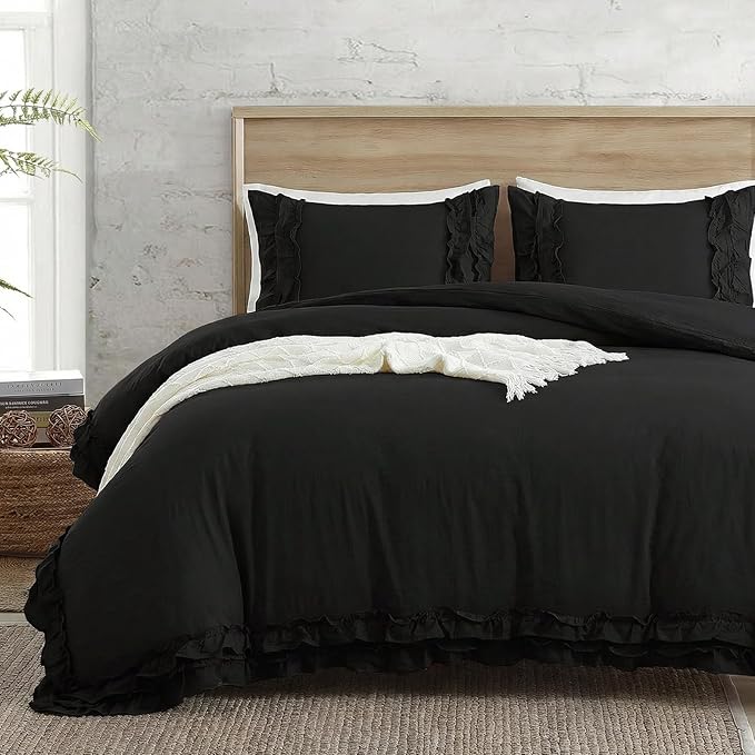 Bedorm Black Duvet Cover Twin Pleated Ruffled Bedding Set Shabby Chic Lace Ruffle Fringe French Country Room Decor Super Soft Cozy Black Boho Duvet Cover Sets