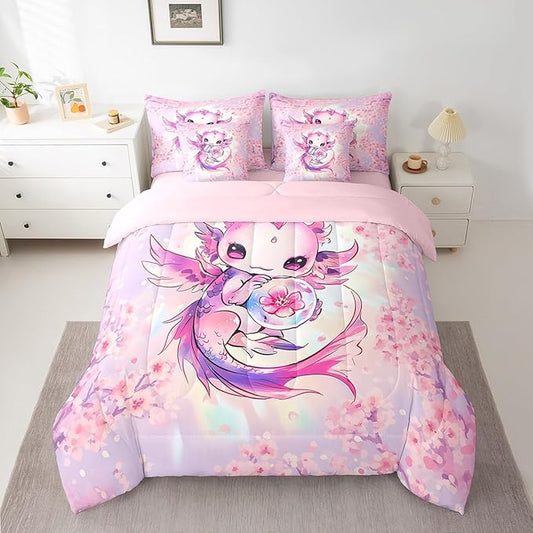 Feelyou Kids Cute Axolotl Bed in A Bag King Size, Cartoon Animal 7 Pieces Bedding Set Boys Girls Kawaii Ocean Sealife Comforter Set with Sheets Floral Teens Bed Set Bedroom Decor 7Pcs