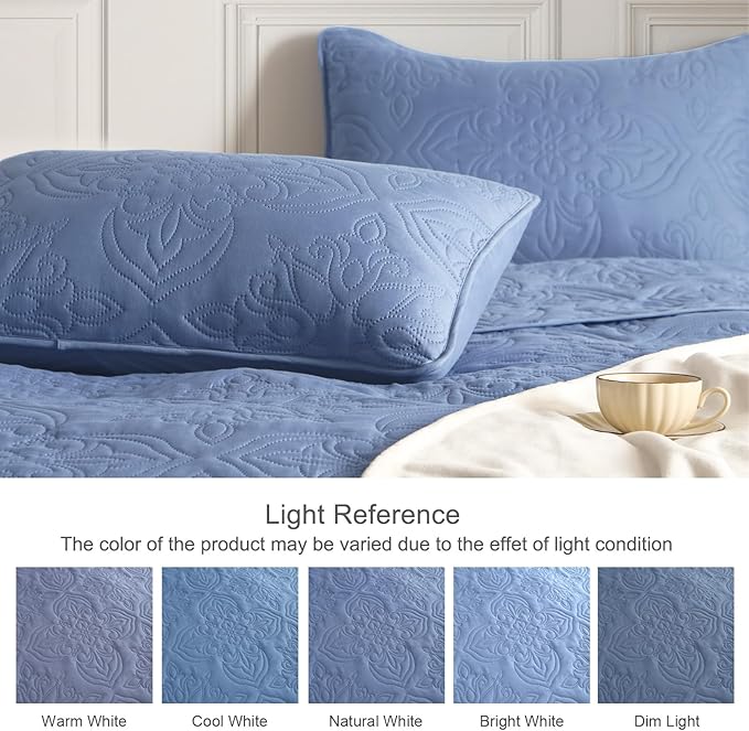 Whale Flotilla Soft California King Quilt Bedding Set for All Seasons, Vintage Damask Ultrasonic Quilts Set, Lightweight Reversible Bedspread, Coverlet, Bed Cover with 2 Pillow Shams, Bluish Grey