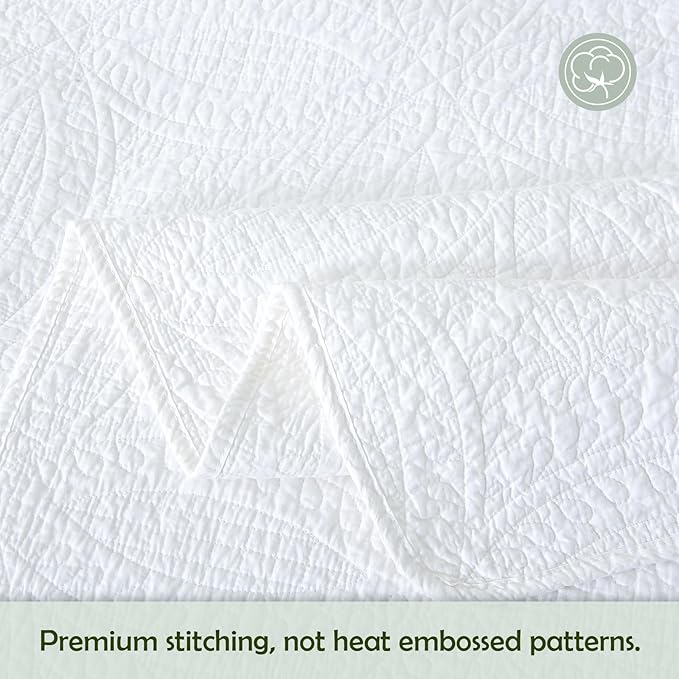 White 100% Cotton King Quilt Set, 3 Piece Modern Textured Bedspread with Coin Pattern, Lightweight Crinkly Coverlet Sham Set, Soft Minimalist All Season Bedding, Garment-Washed