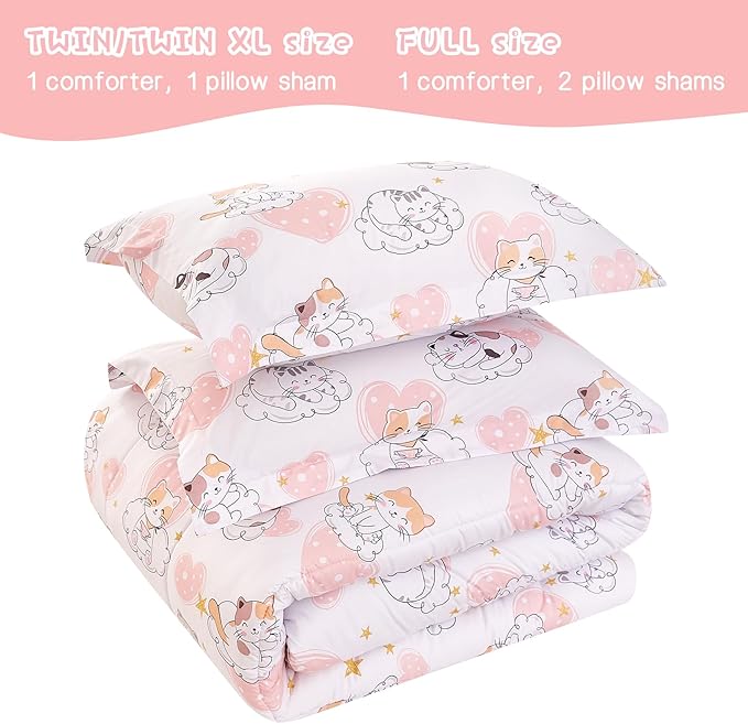 Yibeizi Cat Kids Comforter Set for Girls Full Size, Cute Quilted Pink Heart Printed Bedding Set with Pillow Sham, Lightweight Soft Breathable Machine Washable Bed Set 3 Piece