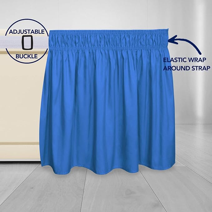 PureFit Wrap Around Ruffled Bed Skirt with Adjustable Elastic Belt - 18 Inch Drop Easy to Put On, Wrinkle Free Bedskirt Dust Ruffles, Bed Frame Cover for Queen, King and C-King Size Beds, Blue