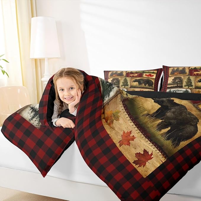 Bear Cabin Plaid Comforter Set Queen, Rustic Farmhouse Bedding Comforter Sets, Retro Hunting Deer Bedding, Country Woodland Pine Tree Duvet Set, Maple Leaf Lodge Decor Down Comforter, Red Black Brown
