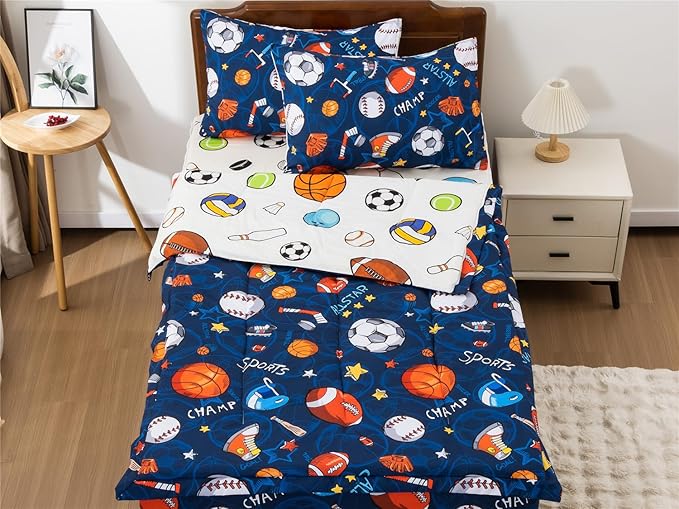 NTBED Sport Basketball Printed Zipper Bedding Sets Full Lightweight Microfiber Football Comforter Sets with Fitted Sheet Pillow Covers,Blue