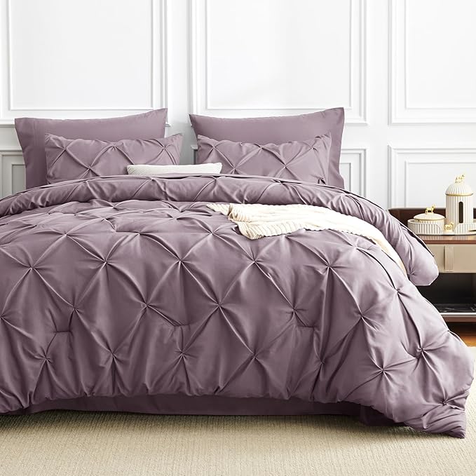 Full Comforter Set Dusty Purple, 7 Pieces Pintuck Bed in A Bag Full Size Bedding, Soft Bed Set All Season Pinch Pleat Comforter Set with Sheets, Pillowcases & Shams