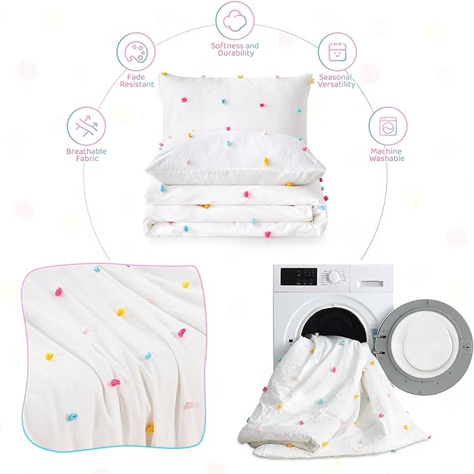 Full Size Kids Comforter Set Colorful Tufted Pom Pom Bedding Set for Girls 3 Piece White Boho Jacquard Quilt Bed in A Bag Lightweight Duvet Bed Set for Kids Teen Girls Bedroom Decor with 2 Pillowcase | Colorful Tufted Dots, Full Comforter Set, Kids Com...