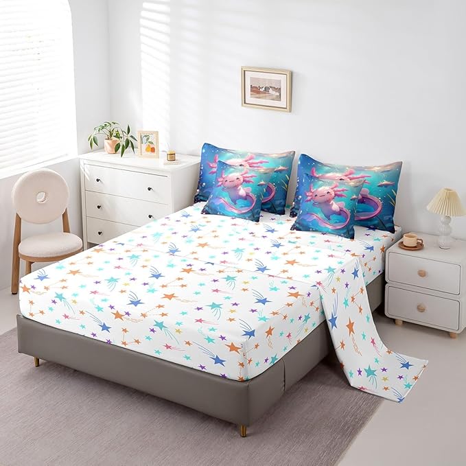 Feelyou Kids Cute Axolotl Bed in A Bag Full Size, Cartoon Salamander Comforter Set with Sheets Kawaii Animal 7 Pieces Bedding Set Boys Girls Ocean Sealife Teens Bed Set Bedroom Decor 7Pcs
