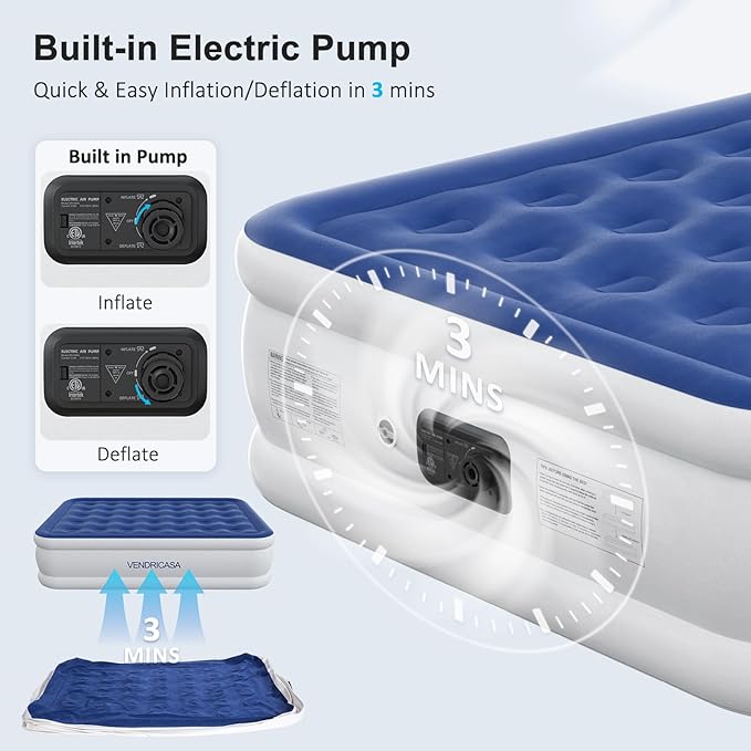 Queen Air Mattress with Built-in Pump, 18" Raised Inflatable Bed Blow Up Mattress, Comfort Portable Air Bed for Camping, Home Guests, Travel 690 lbs Max