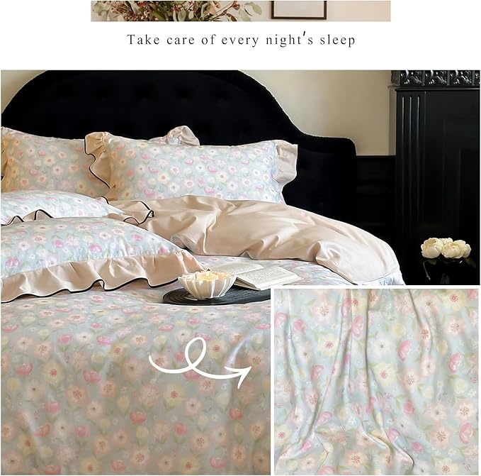 HighBuy Pink White Floral Duvet Cover Twin XL Ruffle Lace Design,Premium Brushed Cotton Durable with Beige Lace Edge Coquette Rose Floral Comforter Cover Set for College,Farmhouse Bedding Set