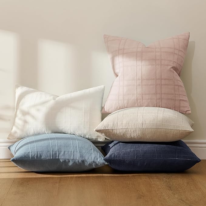 MIULEE Decorative Linen Check Throw Pillow Covers Neutral Farmhouse Vintage Spring Valentine Spring Pillow Covers 20x20 Set of 2 Boho Modern Home Decor for Sofa Couch Bedroom Cushion Light Pink