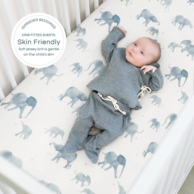 GRSSDER Stretchy Ultra Soft Jersey Knit Fitted Crib Sheets Set 2 Pack，Universal Fit All Standard Crib Mattress Pads Safe and Snug, Stylish Crib Fitted Sheet for Boys and Girls, Cute Elephant
