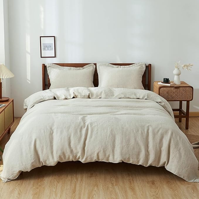 Simple&Opulence 100% Linen Duvet Cover Set, 3 PCS Natural French Flax Linen Duvet Cover Queen Size, Breathable Soft Comfy Linen Bedding Comforter Cover with 2 Pillowcases(Linen, 88"x92")