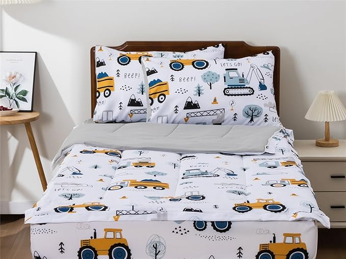 NTBED Construction Truck Printed Zipper Bedding Sets Twin Lightweight Microfiber Forest Car Comforter Sets with Fitted Sheet Pillow Covers,White Grey