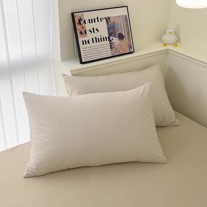 mixinni Tan Striped Duvet Cover Twin Size - 100% Washed Cotton Beige Pinstripe Comforter Cover with Zipper Closure, Lightweight & Breathable, 3 Pieces Minimalist Stripes Pattern Printed Bedding Set