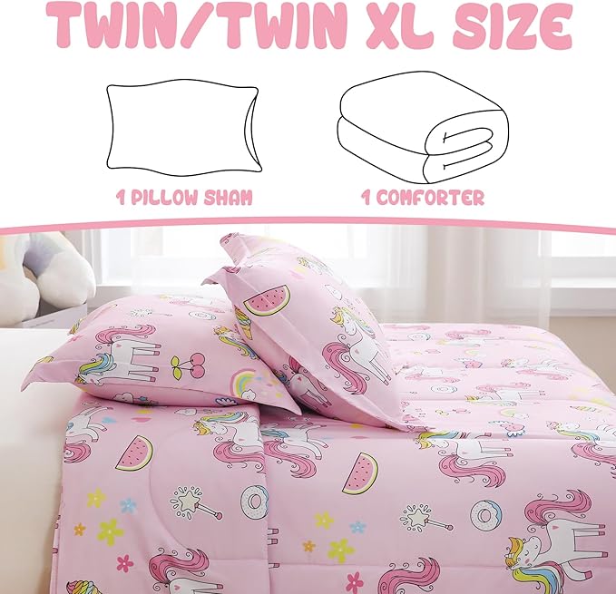 Yibeizi Pink Unicorn Comforter Set for Girls Twin, Kids Rainbow Sweet Printed Bedding Set with Pillow Sham, Cute Lightweight Soft Breathable Machine Washable Quilted Bed Comforter Set 2 Piece