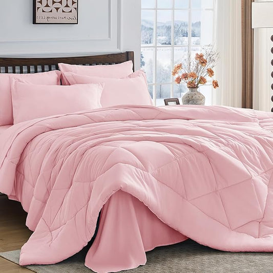 HEVUMYI Pink Twin-XL Comforter Set - 5-Piece All Season Bed in a Bag Twin-XL, Ultra Soft Bedding Set with Comforter, Flat Sheet, Fitted Sheet, Pillowcases, Pillow Shams, Pink