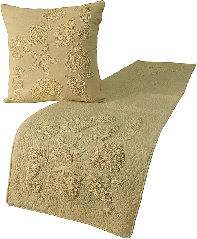 The HomeCentric King Queen Twin Beige Handmade Twin 53"x18" Bed Runner with Pillow Cover, Pearl Embroidery Bed Scarf on Linen Fabric - Off to The Sea