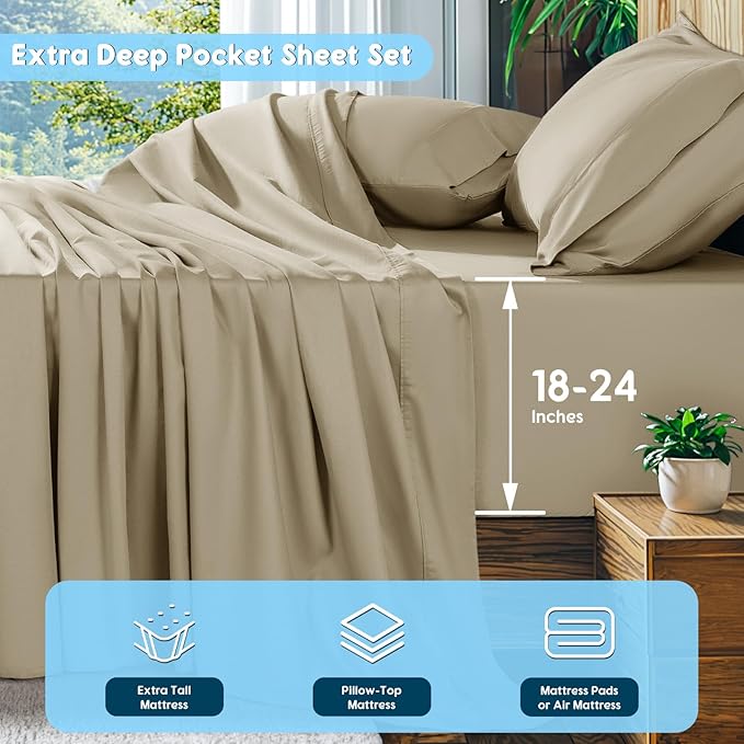 SONORO KATE 100% Egyptian Cotton Sheets Set, Extra Deep Pocket up to 18"-24",1000 High Thread Count, Soft & Breathable 5-Star Hotel Sateen Bed Sheets - 4 PC (Linen,King)