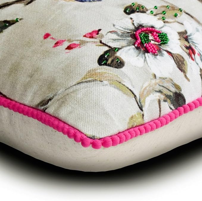 The HomeCentric King/Queen/Twin Pink & Purple Decorative King 90"x18" Bed Runner with Two Pillow Cover, Peacock, Beaded, Pom Pom Lace Bed Scarf on Cotton Fabric - Pavo Paradiso