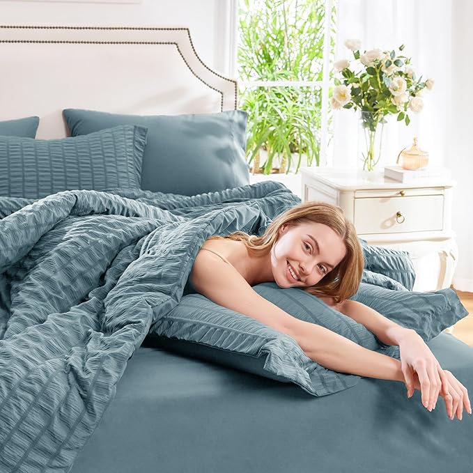 CozyLux King Size Comforter Set Mineral Blue Seersucker 7 Pieces Bed in a Bag King Comforter Set with Sheets, Luxury Bedding Set with Down Alternative Comforter, Sheets, Pillowcases & Shams All Season