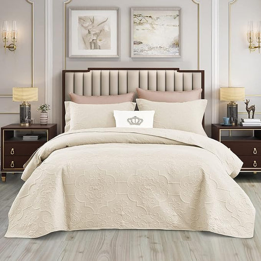 CHIXIN Quilt King Size - Damask Paisley Bedspread Coverlet Set - Classic & Gorgeous Style Bedding Cover, Ultrasonic Quilting, Reversible, Lightweight, 4 Piece, Ivory