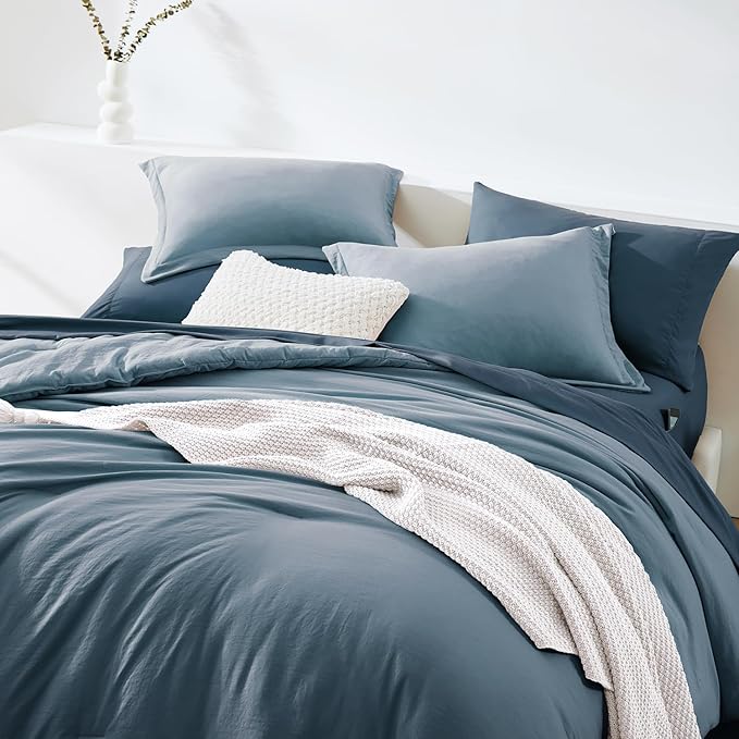 WRENSONGE King Size Comforter Set- 7 Pieces Soft Oxford Blue Bed in a Bag King with Fitted Sheet, Flat Sheet, 2 Pillow Shams, and 2 Pillowcases-Warm King Bedding Set for All Season
