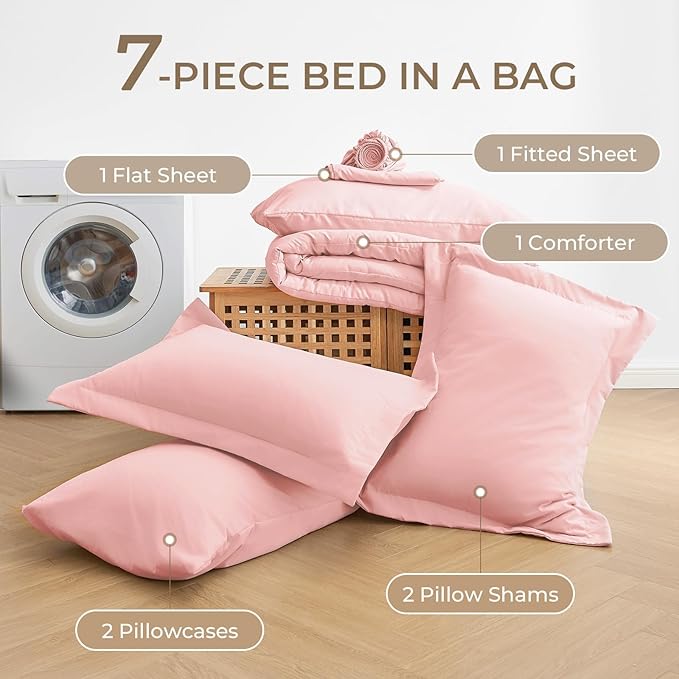 Sasttie King Size Comforter Set, 7 Pieces Bed in a Bag King, Complete Bedding Set Includes Comforter, Flat Sheet, Fitted Sheet, Pillowcases and Pillow Shams, Pink