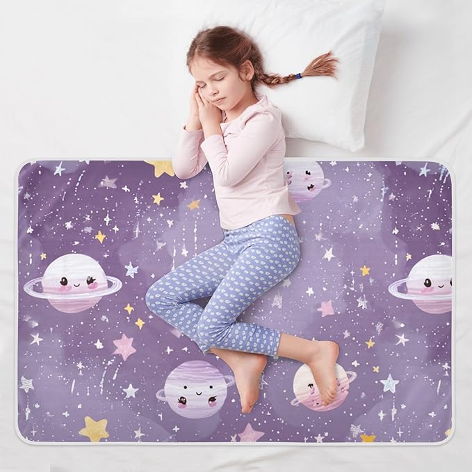 Waterproof Bed Pad Reusable Changing Pad Toddler Mattress Protector Large Pee Pad Baby Diaper Pad Soft Washable Liner Purple Cute Planets Stars