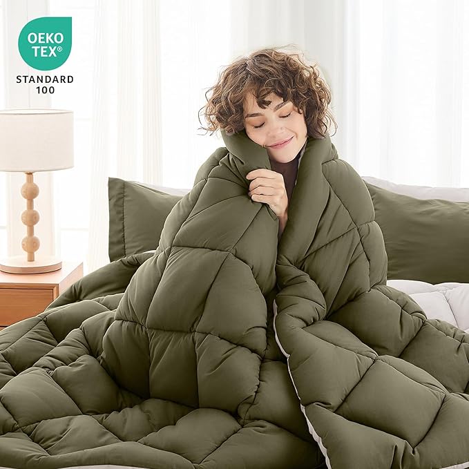 MUXHOMO 7 Pieces Full Comforter Set, Reversible Bed in a Bag Full Size, All Season Bedding Set with Comforter, Flat Sheet, Fitted Sheet, Pillowcases & Shams, Olive Green & Beige