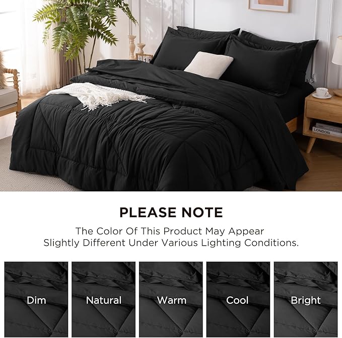 7 Pieces King Comforter Set - Utral Soft Microfiber Bedding Set, Thick Duvet Insert Bed in a Bag Without Rustling Noise for All Season, Black (102"x90")