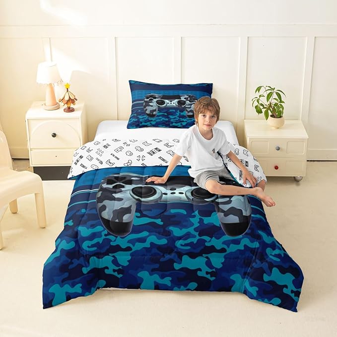 Feelyou Gamer Comforter Set Camouflage Gaming Video Game Bedding Set for Kids Boys Children Blue Camo Gamer Console Comforter Soft Gamepad Decor Quilt Set Queen Size