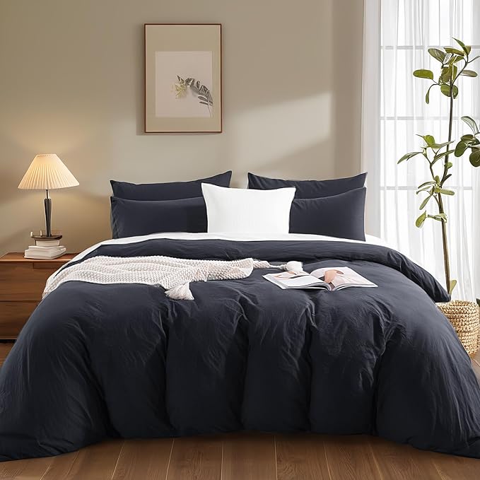 NEXHOME PRO Twin Duvet Cover Set, 100% Certified Organic Cotton with Washed Feel & Linen-Like Texture, Comfortable & Breathable, Home Bedding Set Dark Grey (No Comforter) 6890