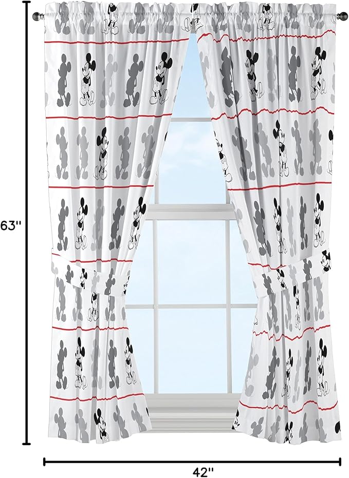 Disney Mickey Mouse Jersey White 4 Piece 63" Curtain/Drapes Set (2 Panels, 2 Tiebacks)