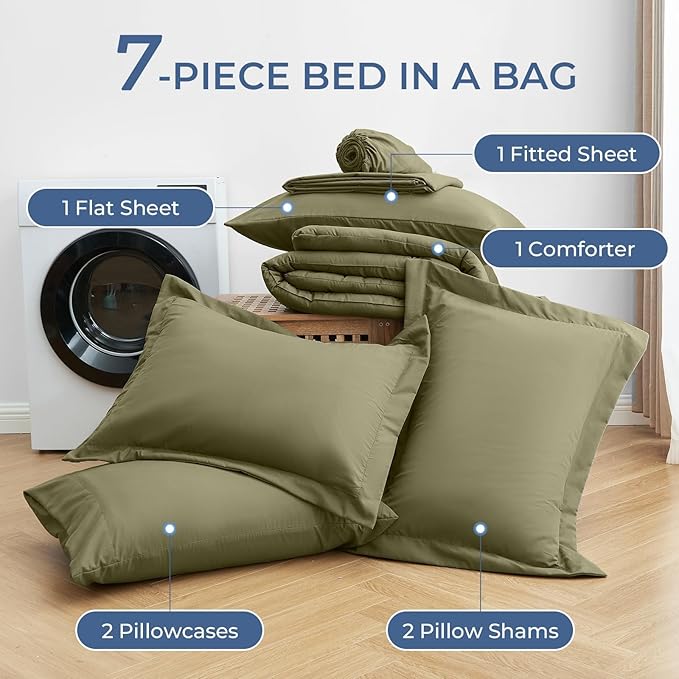 Sasttie King Size Comforter Set, 7 Pieces Bed in a Bag King, Complete Bedding Set Includes Comforter, Flat Sheet, Fitted Sheet, Pillowcases and Pillow Shams, Olive