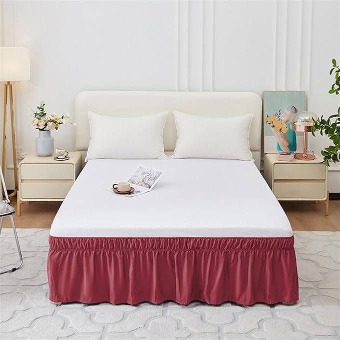 GIBZ Adjustable Wrap Around Ruffled Bed Skirt, Elastic Dust Ruffles Easy Fit Wrinkle & Fade Resistant, Machine Washable, Twin 16" Drop, Dark Red