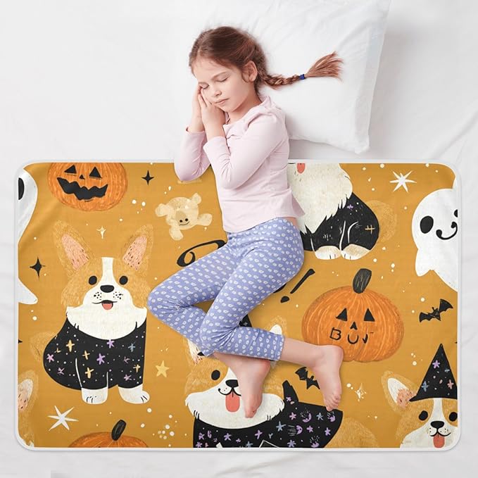 Waterproof Bed Pad Reusable Changing Pad Toddler Mattress Protector Large Pee Pad Baby Diaper Pad Soft Washable Liner Halloween Yellow Corgi Pumpkins Ghosts Stars
