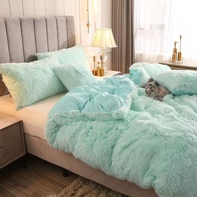 Uhamho Faux Fur Velvet Fluffy Bedding Duvet Cover Set Down Comforter Quilt Cover with Pillow Shams, Ultra Soft Warm (King, Aqua)