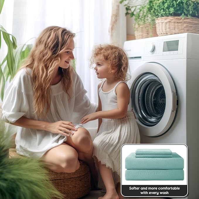SONORO KATE 100% French Pure Linen Sheets, Breathable and Durable Linen Full Size Sheets, Anti-Tear Linen Bed Sheets, Machine Washable, 16 Inch Deep Pocket - 4 Piece (Aqua, Full)