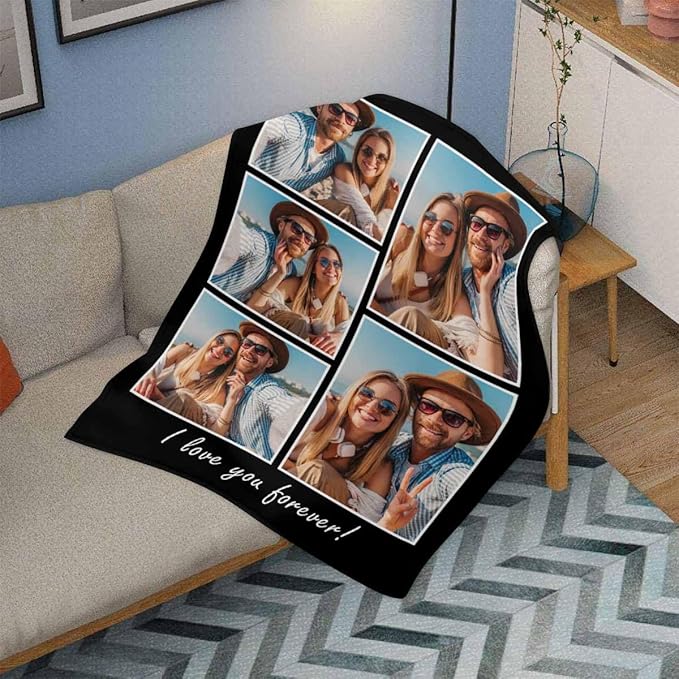 Personalized Picture Collage Blanket, 5 Photos Custom Blanket Personalized Photo Blanket Customized Couple Gifts for Girlfriend Boyfriend Wife Husband, 8 Sizes