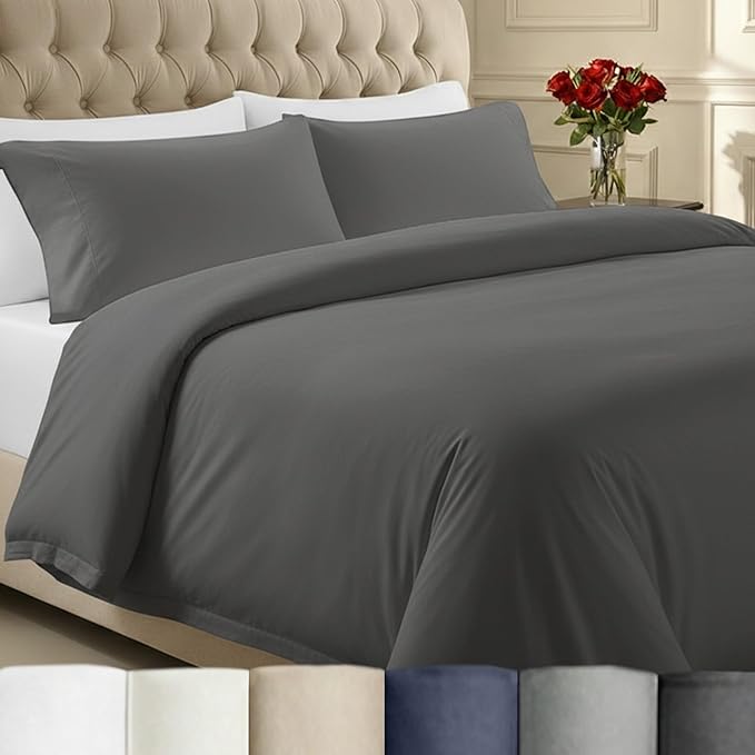 California Design Den 3 Pc Duvet Cover Set King - Winner Good Housekeeping Best Bedding Awards 2025, 400 Thread Count Sateen, 100% Cotton Duvet Covers, Button Closure, Corner Ties - Grey