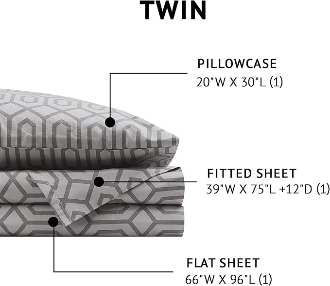 Comfort Spaces 144TC Cotton Sheet Set Breathable, Lightweight, Soft with Elastic Deep Pocket, Modern All Season Cozy Bedding, Matching Pillow Case, Twin, Diamond Sliver 3 Piece