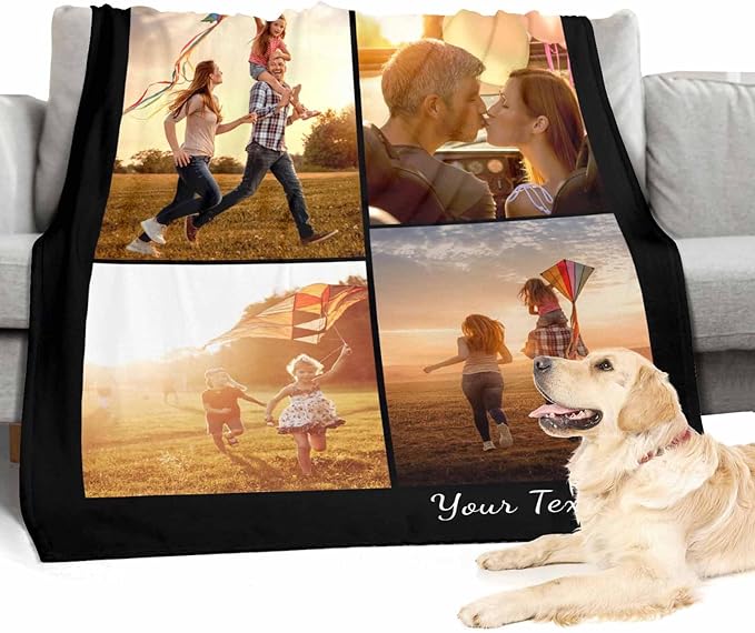 Personalized Photo Blanket, 4 Photos Custom Blankets Photo Blankets Customize for Mom Grandma Wife Women from Daughter Son Husband, 8 Sizes