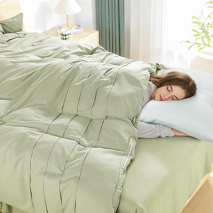 NEXHOME PRO 100% Organic Cotton Duvet Cover Full, Linen Like Pleated Textured Sage Green Duvet Cover Set, 3pc Bedding Set with Zipper Closure, Soft, Lightweight and Breathable (80"x90", No Comforter)