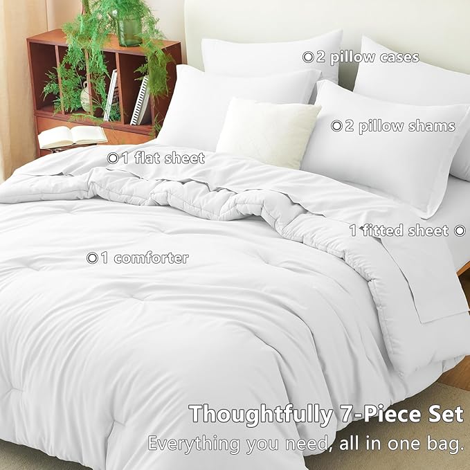 CozyLux Queen Comforter Set White, 7 Pieces Bed in a Bag Soft Bedding Comforter Set with Sheets, All Season Boho 7PC Bed Sets with Comforter, Fitted Sheets, Flat Sheets, Pillow Shams and Pillowcases