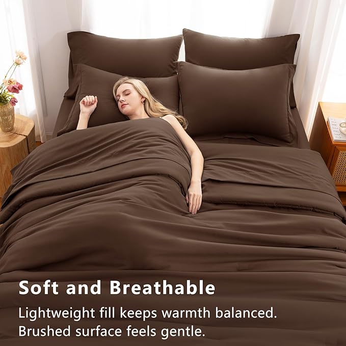 CozyLux Queen Comforter Set Brown, 7 Pieces Bed in a Bag Queen Size Comforter Set with Sheets, Bedding Sets with Down Alternative Comforter, Fitted Sheets, Flat Sheets, Pillow Shams and Pillowcases
