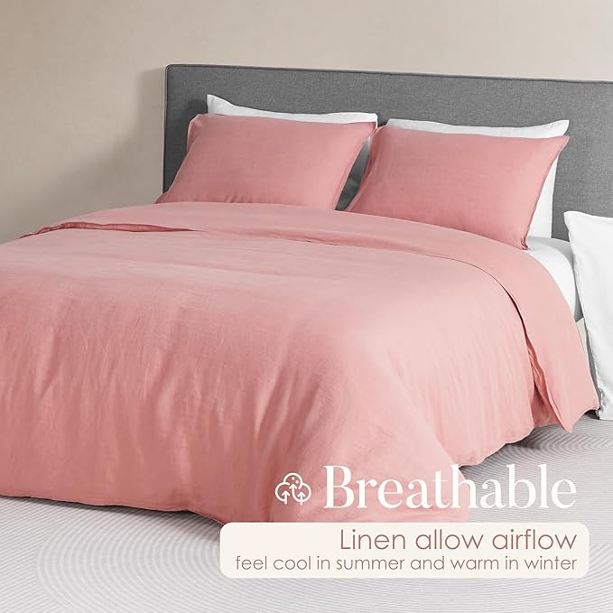 DAPU 100% Linen Duvet Cover Set - Pure Natural French Flax Linen with Corner Ties and Zipper Closure Soft Breathable Durable for Hot Sleepers 1 Duvet Cover 2 Pillowcases (Pink Clay, King)