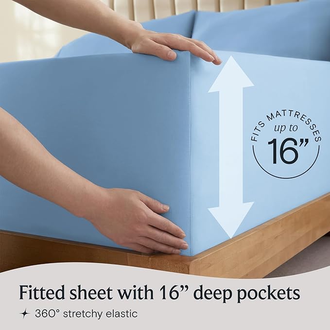 LuxClub 5 PC Split King Sheet Set, Breathable Luxury Bed Sheets, Deep Pockets 18" Eco Friendly Wrinkle Free Cooling Sheets Machine Washable Hotel Bedding Silky Soft - Sky Split King