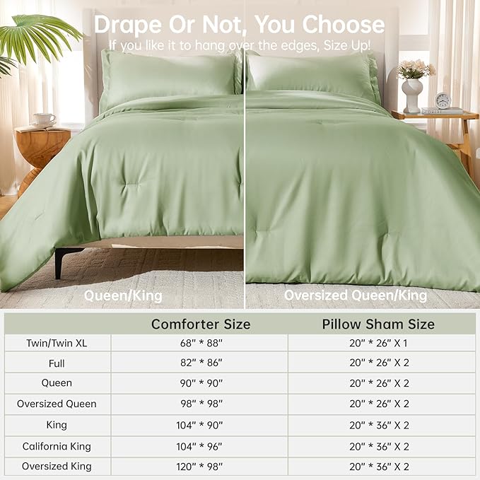 MUXHOMO Green King Size Comforter Set, All Season Ultra Soft Down Alternative Bedding - 3 Piece Lightweight Bed Set Includes 1 Comforter (104"x90") and 2 Pillow Shams (20"x36")