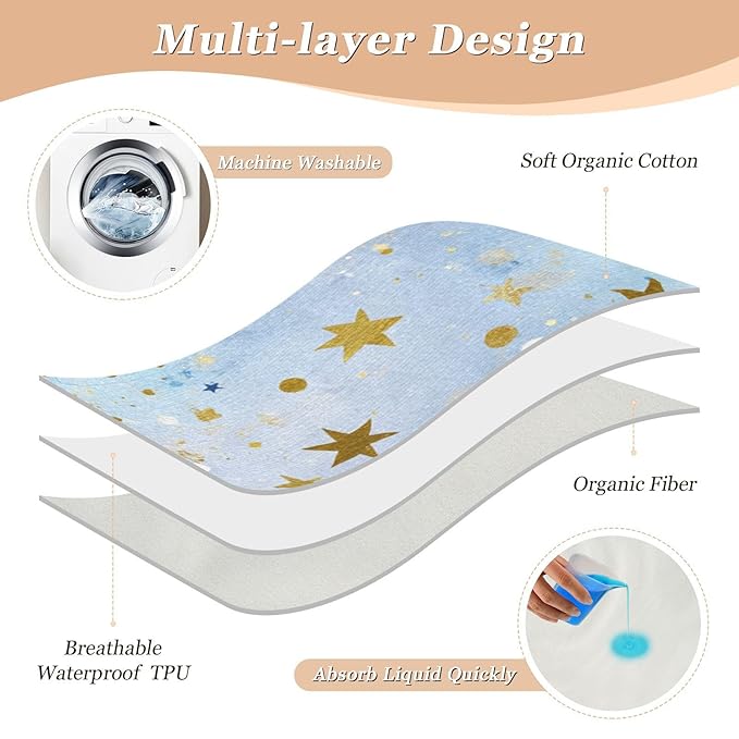 Waterproof Bed Pad Reusable Changing Pad Toddler Mattress Protector Large Pee Pad Baby Diaper Pad Soft Washable Liner Blue Golden Stars